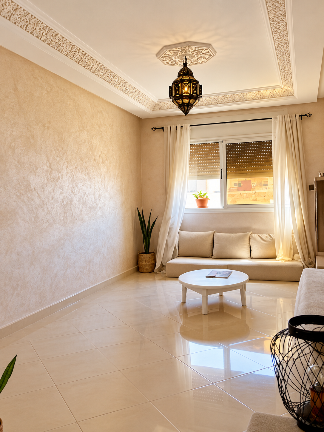 Salon z miejscami do siedzenia i zasłonami — apartament 4-pokojowy na sprzedaż w Hay Mohammadi, Agadir