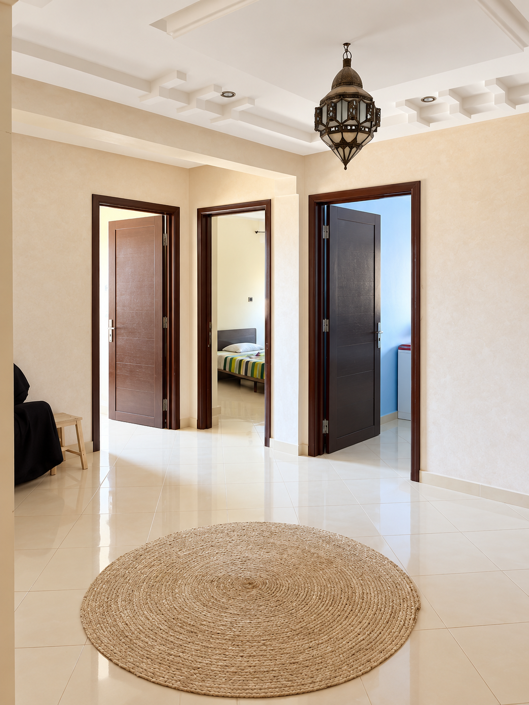 Entrance hall with round rug — 4-Bed Apartment for Sale in Hay Mohammadi, Agadir | DHAJIA Morocco