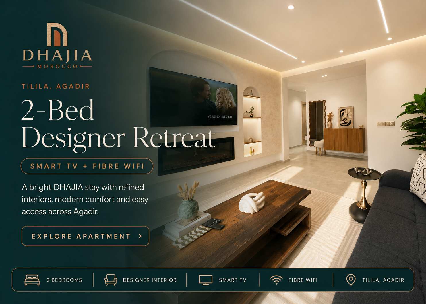 DHAJIA Tilila, Agadir 2-Bed Designer Retreat + Smart TV + Fibre WiFi