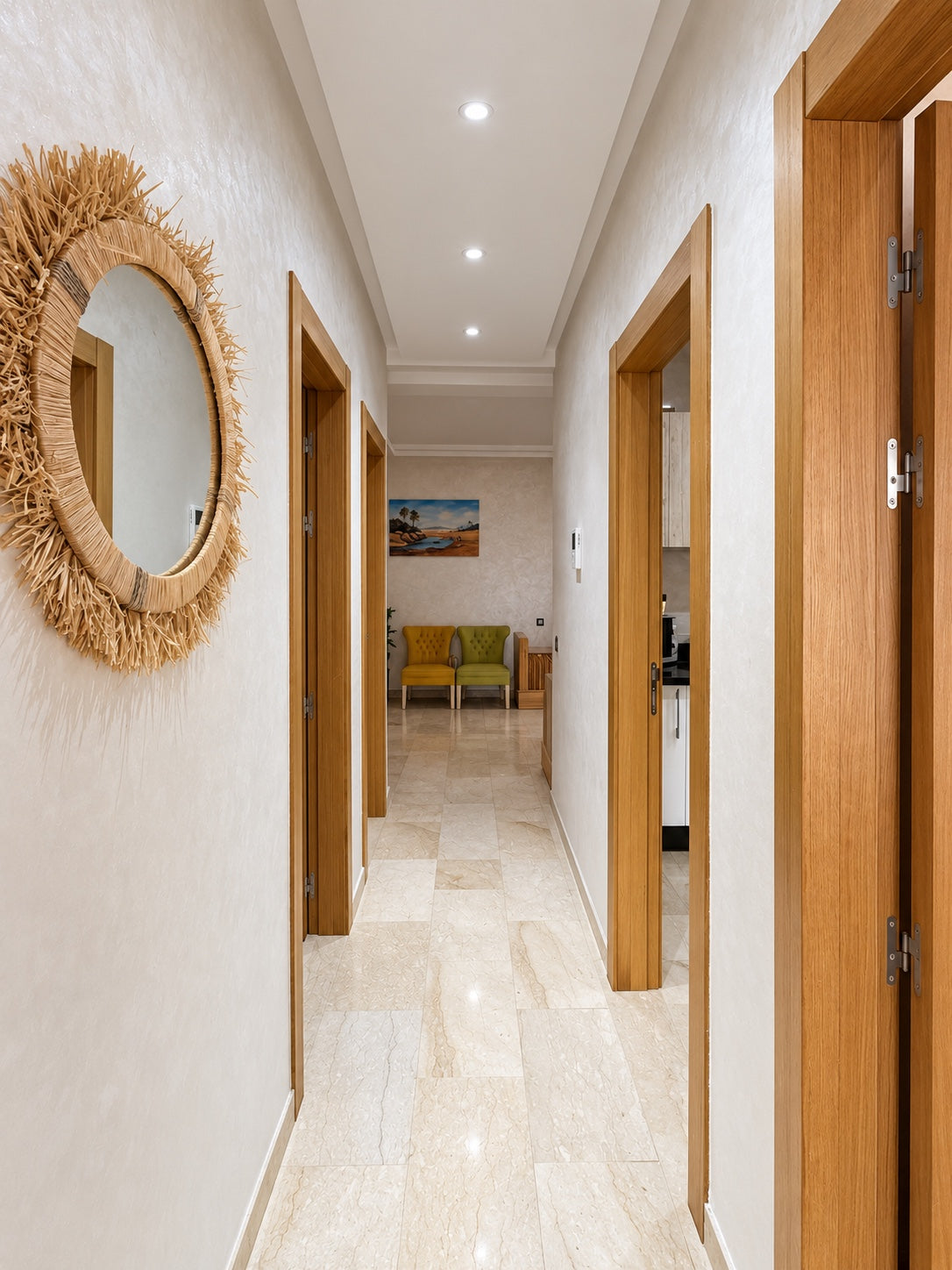 Hallway | Clean apartment hallway connecting bedrooms bathroom and living area