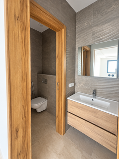Wood vanity and tiled WC area in the Founty apartment