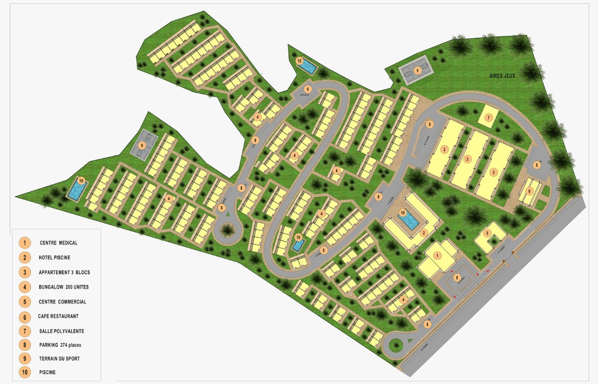 Illustrative tourism development layout supplied for the 10-hectare land listing; proposed buildings and facilities, approval unverified