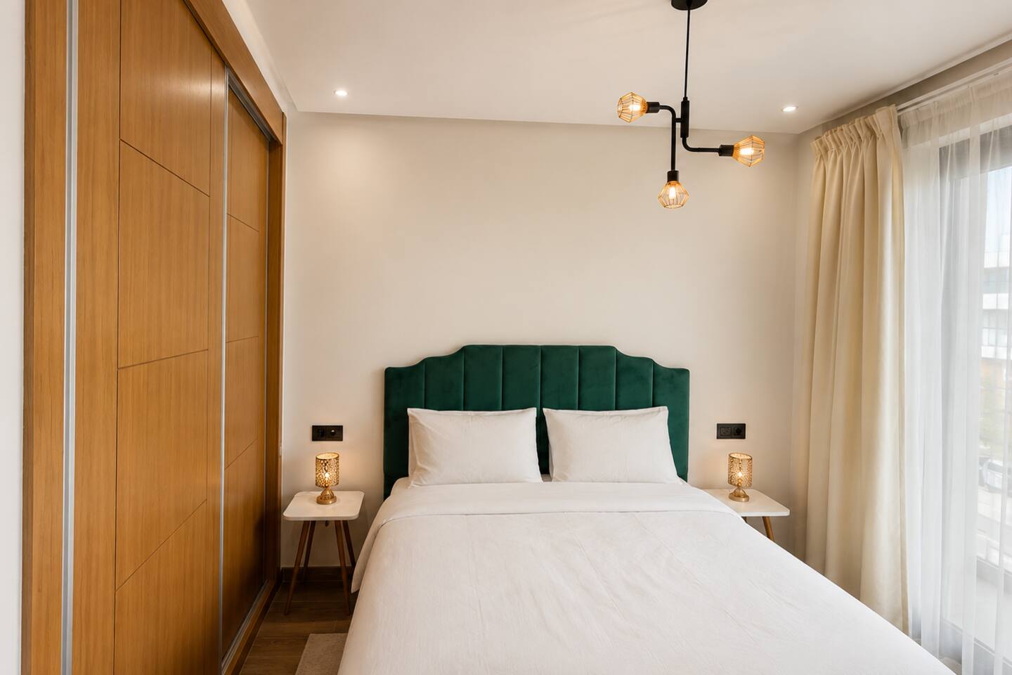 Main bedroom with balcony access and green upholstered bed in Agadir Bay.