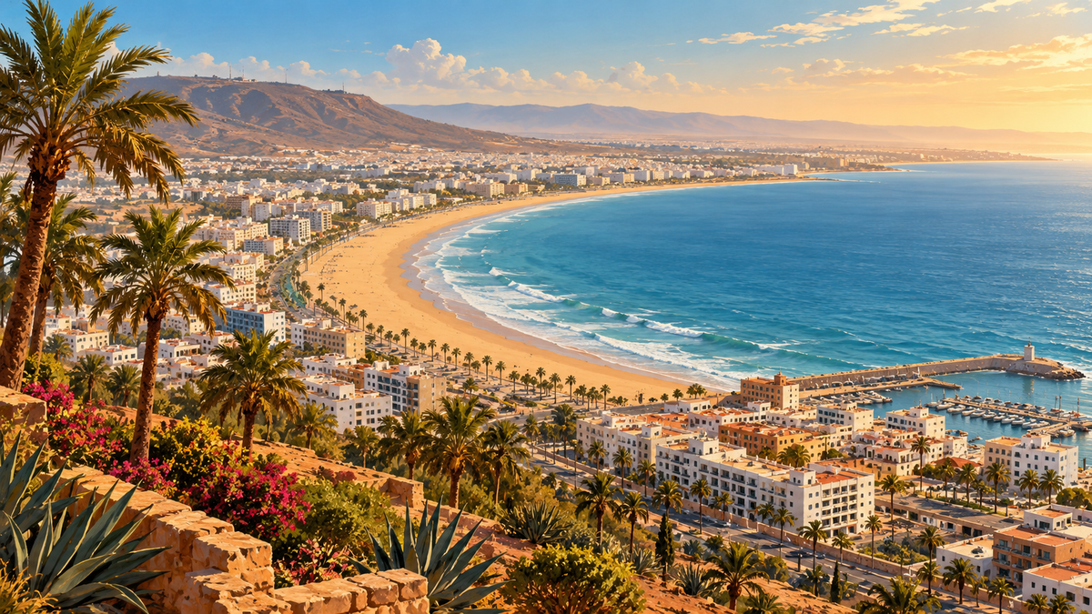 Editorial illustration of Agadir’s Atlantic bay, beach and marina in warm autumn light