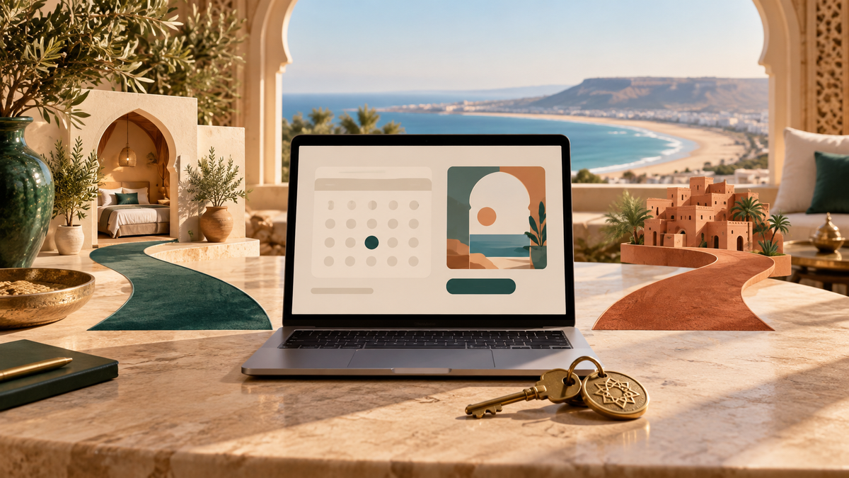 Editorial illustration of comparing accommodation booking options, with a laptop and room key