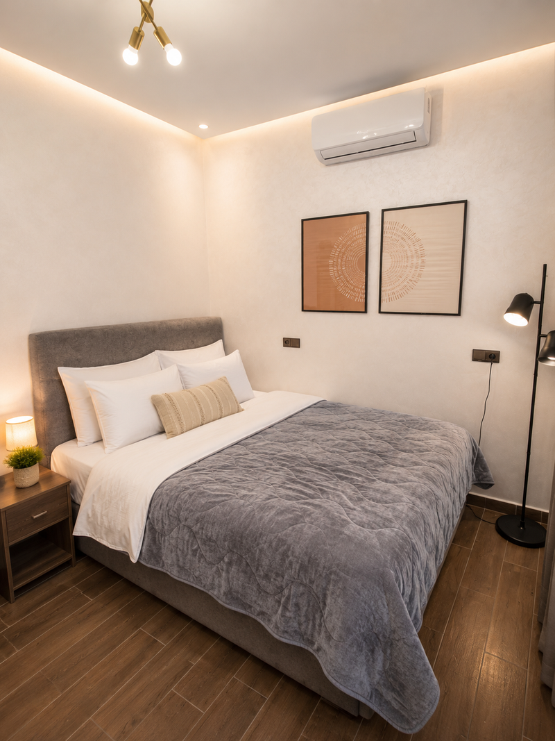 Comfortable main bedroom in DHAJIA Haut Founty, Agadir apartment with soft bedding, AC, warm lighting and modern décor.