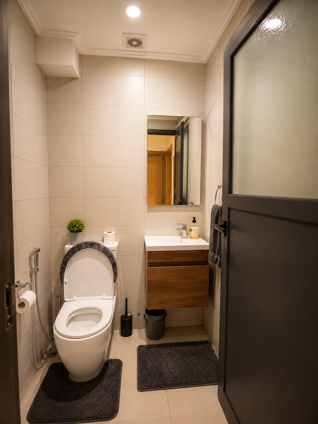 Clean modern bathroom in DHAJIA Haut Founty, Agadir apartment with vanity, toilet, mirror and practical guest amenities.
