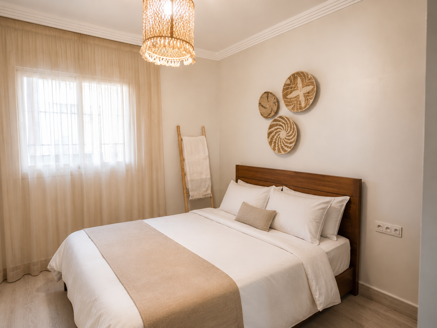 Main bedroom with double bed and woven wall décor in the Haut Founty apartment.