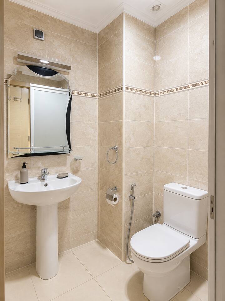 Compact bathroom with toilet, basin and mirror in the Hay Mohammadi apartment.