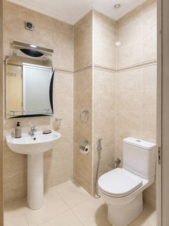 Compact bathroom with toilet, basin and mirror in the Hay Mohammadi apartment.