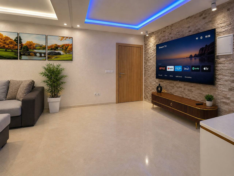 Living room with stone-effect smart TV wall and blue ceiling lighting.