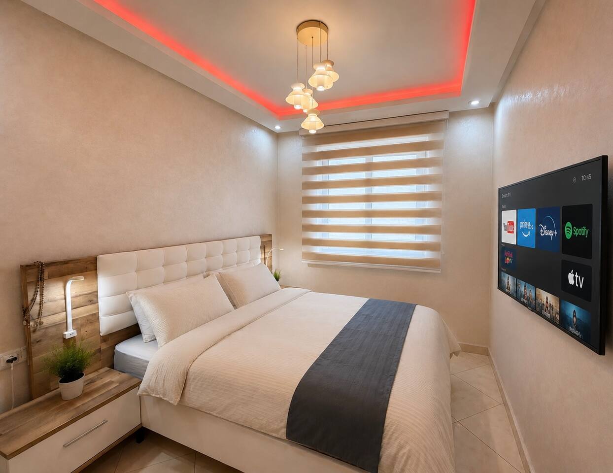 Main bedroom with double bed, smart TV and red ceiling lighting in Hay Mohammadi.