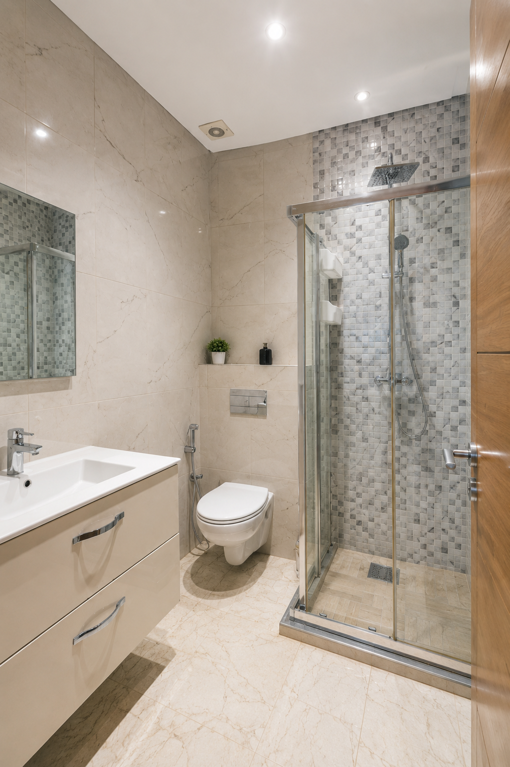 Modern bathroom with vanity and walk-in shower in the Hivernage Agadir Bay apartment.