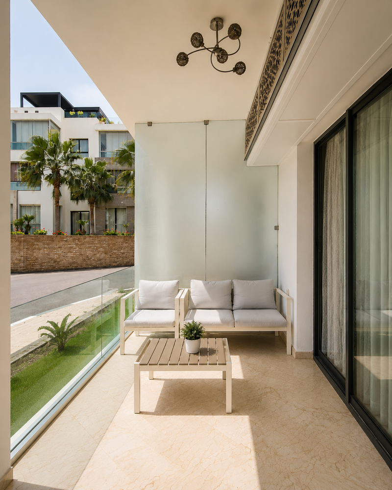 Covered apartment balcony overlooking Hivernage Agadir Bay residence grounds.