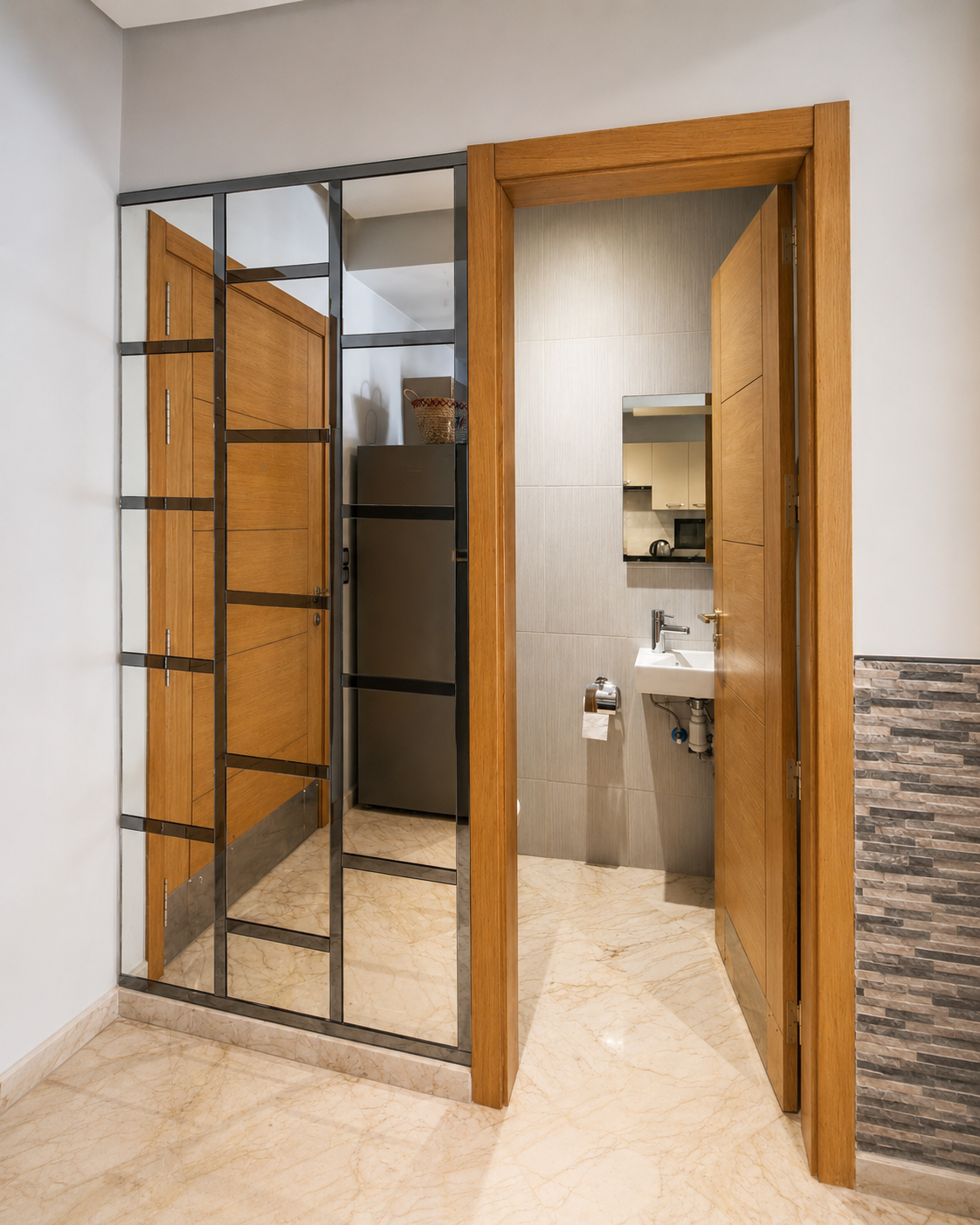 Apartment hallway with glass divider and bathroom entrance at Hivernage Agadir Bay.
