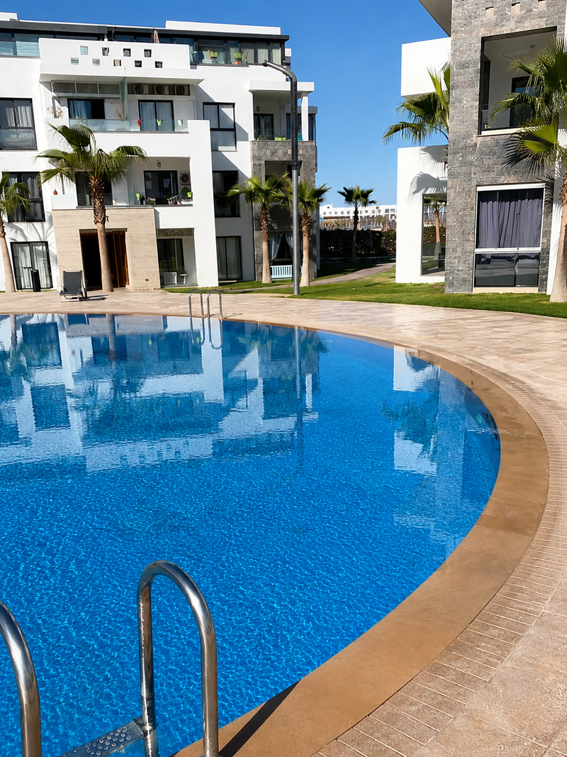 Outdoor swimming pool surrounded by apartments at Hivernage Agadir Bay residence.