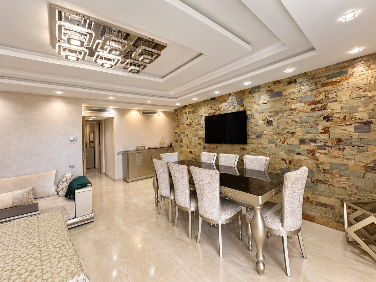 Living room television wall at the Iken Gardens holiday apartment, Agadir Bay