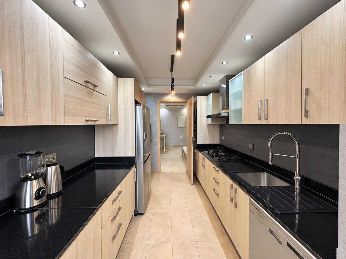 Galley kitchen at the Iken Gardens holiday apartment, Agadir Bay