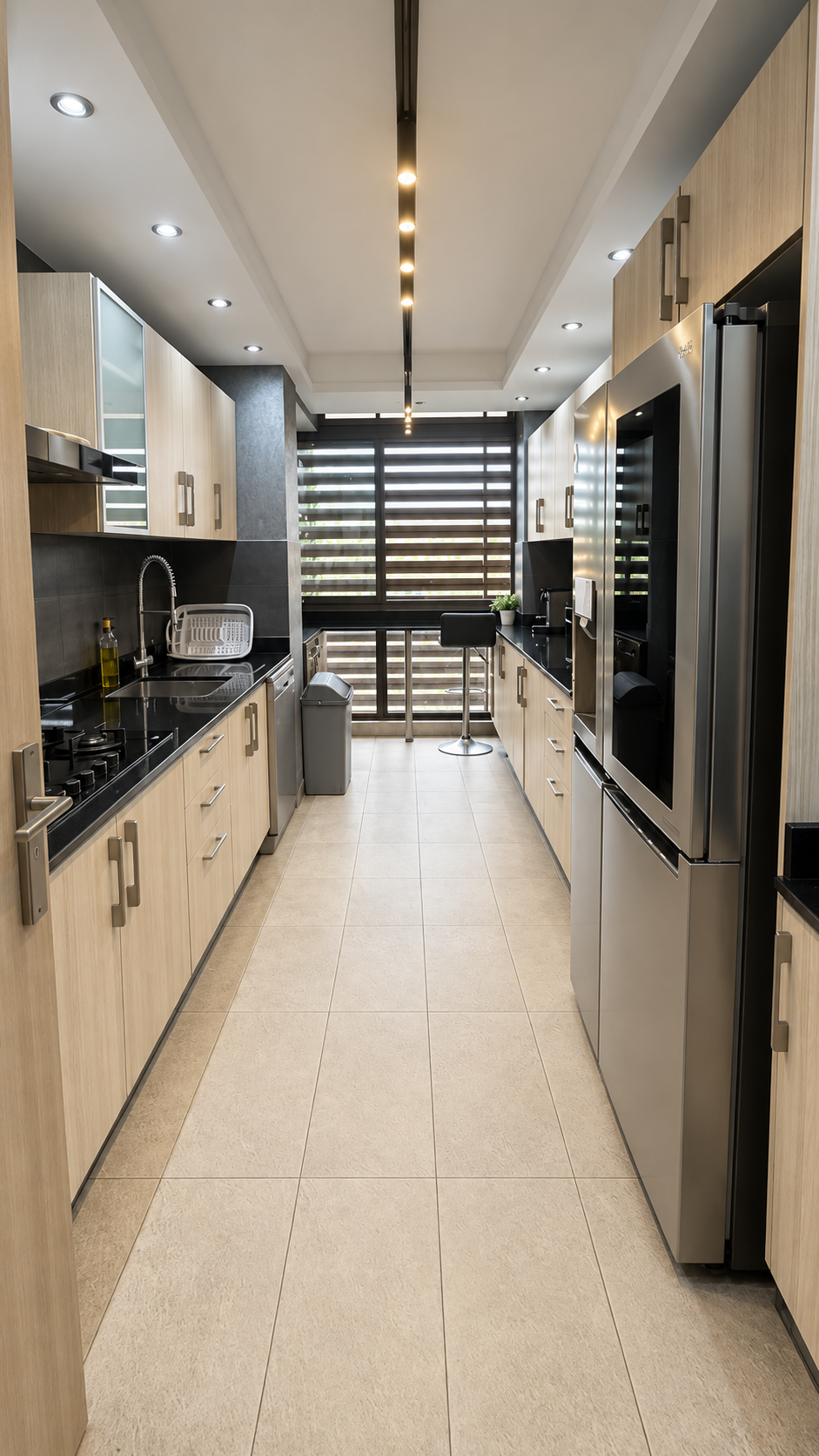 Long kitchen with wood cabinets at the Iken Gardens holiday apartment, Agadir Bay