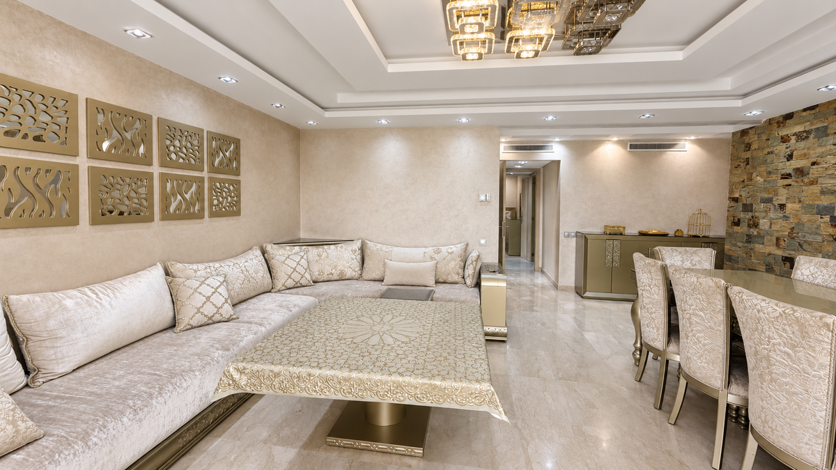 Living room and dining table at the Iken Gardens holiday apartment, Agadir Bay