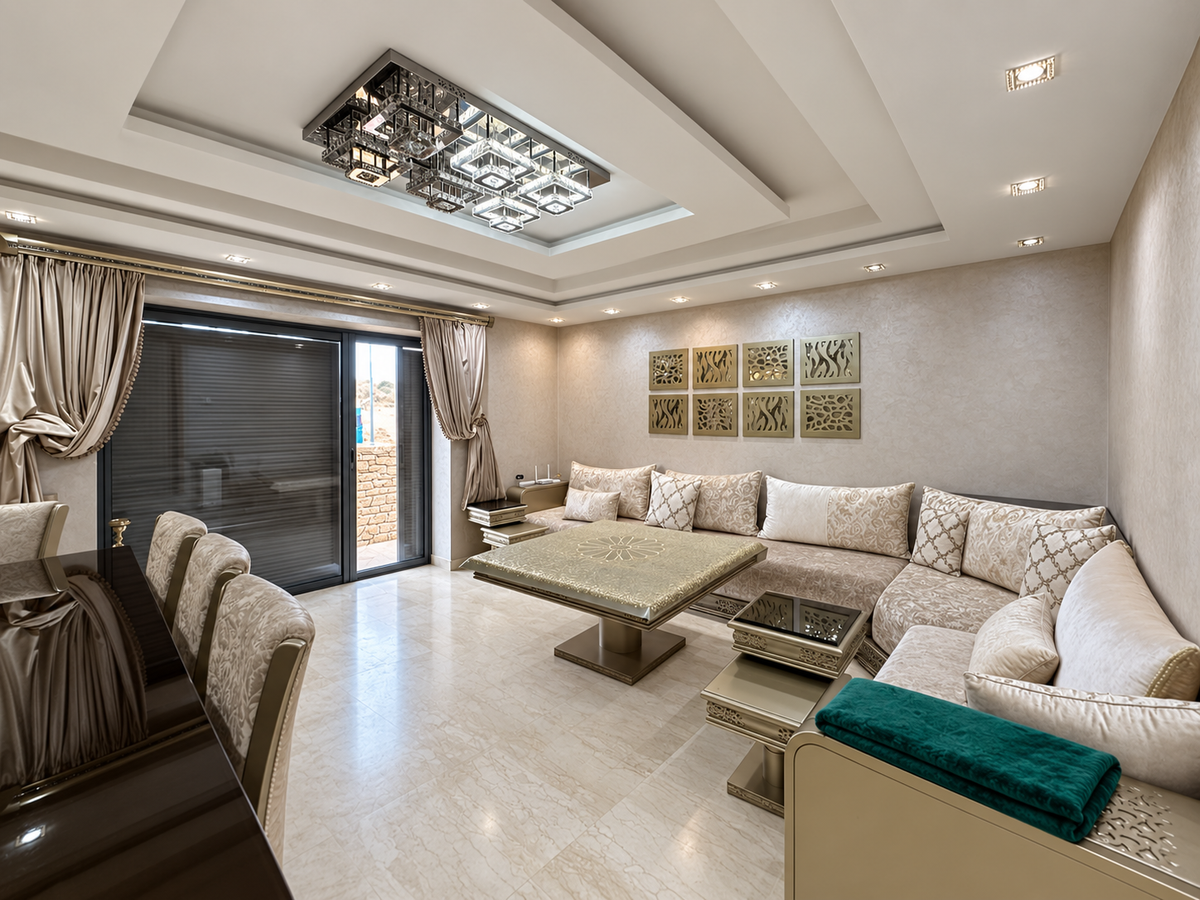 Living room with green sofa at the Iken Gardens holiday apartment, Agadir Bay — DHAJIA Morocco