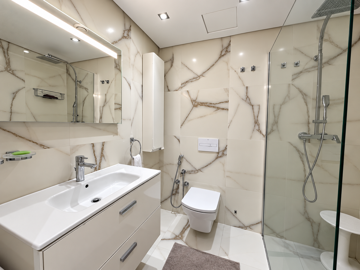 Bathroom vanity, toilet and shower at the Iken Gardens holiday apartment, Agadir Bay