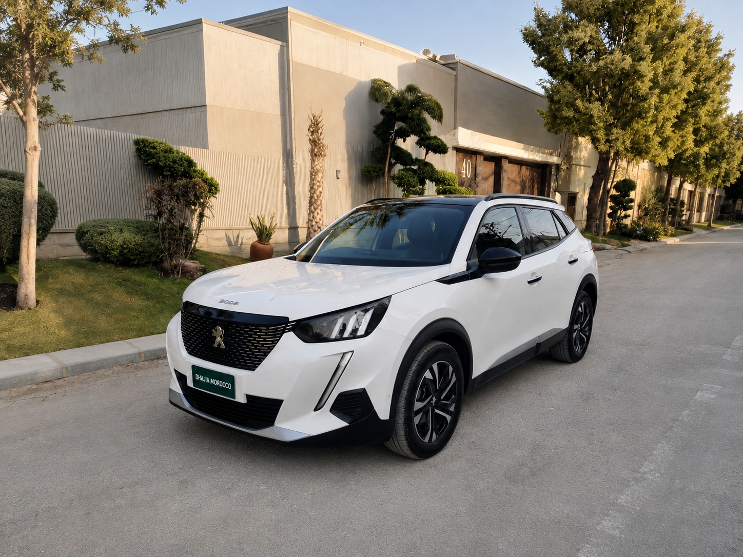 White Peugeot 2008 compact SUV hire in Agadir with DHAJIA Morocco