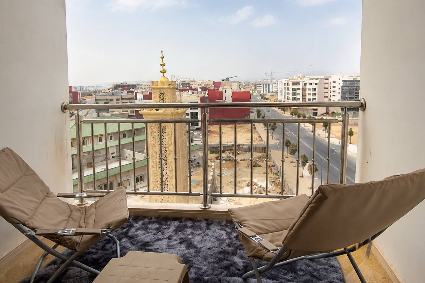 Balcony seating overlooking the Agadir neighbourhood near Agadir Bay.
