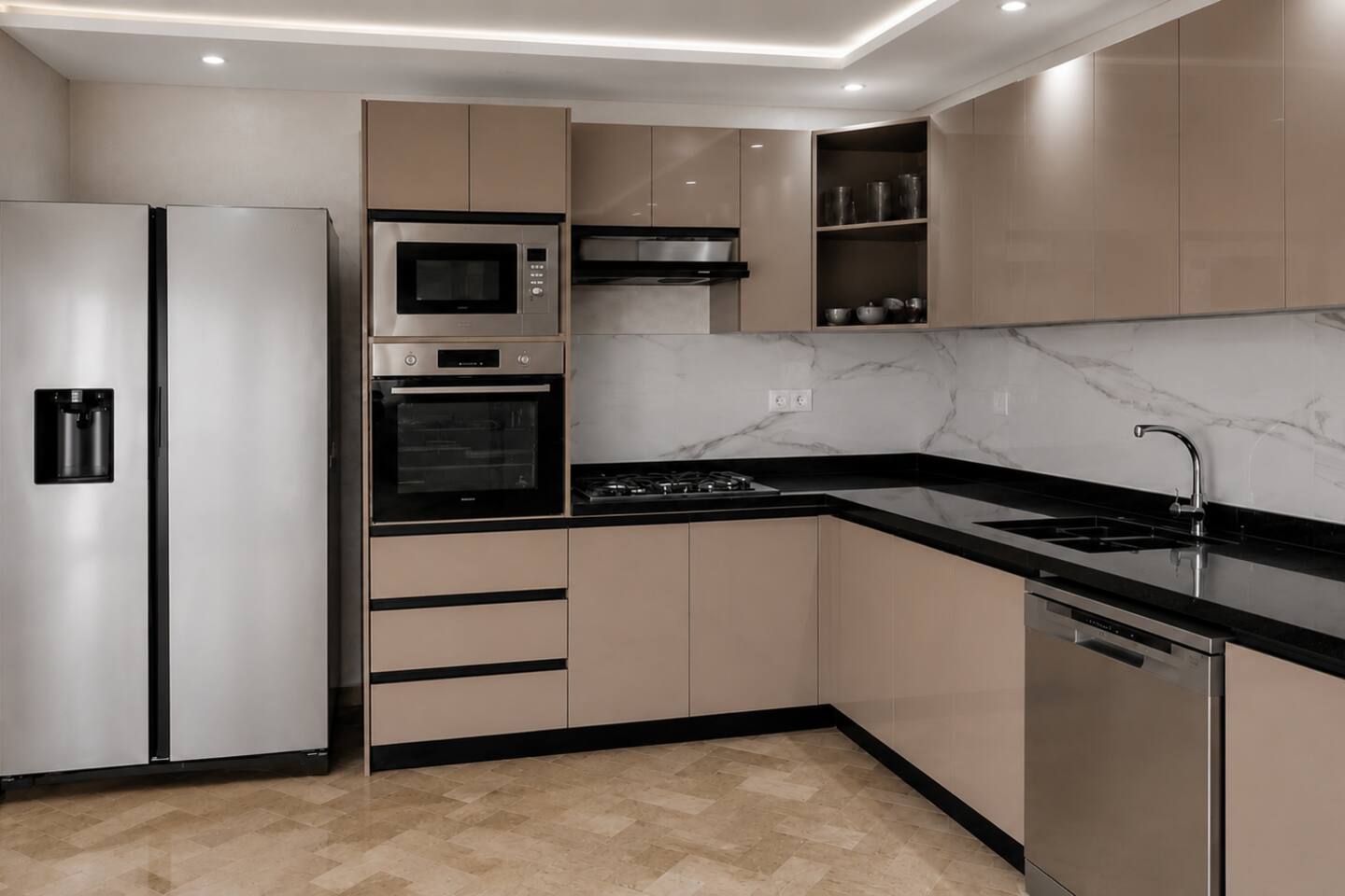 Corner view of the premium apartment kitchen and integrated appliances.
