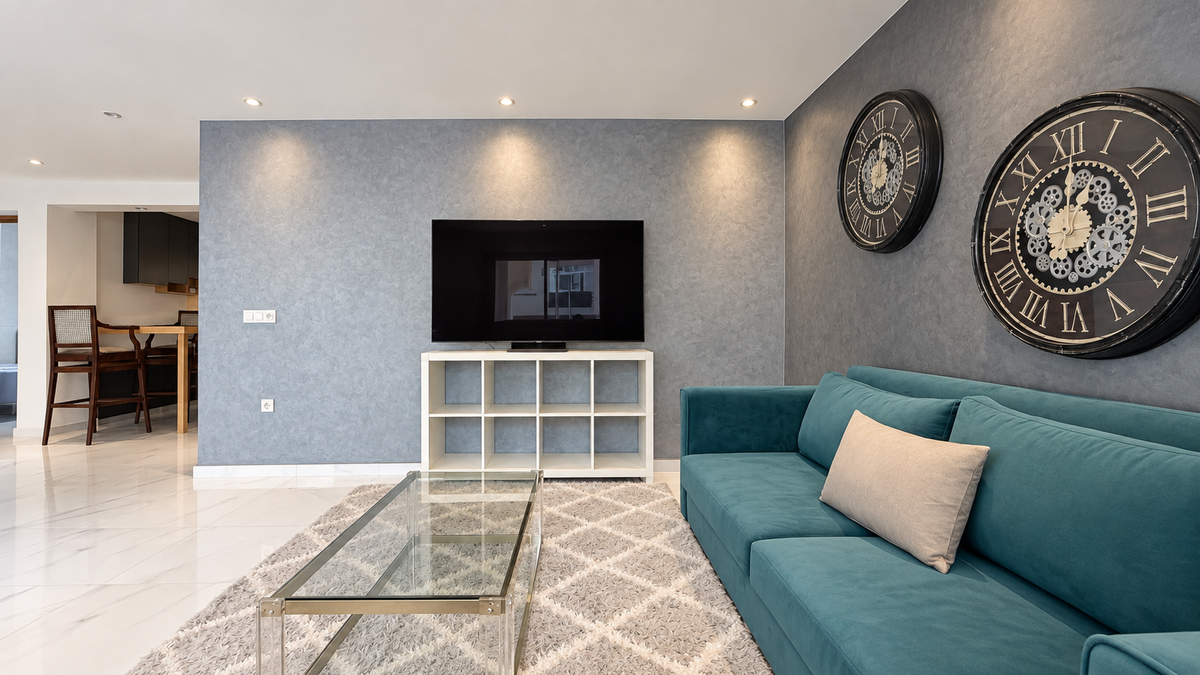 Living room and television wall at the Central Agadir holiday apartment near the beach and souk