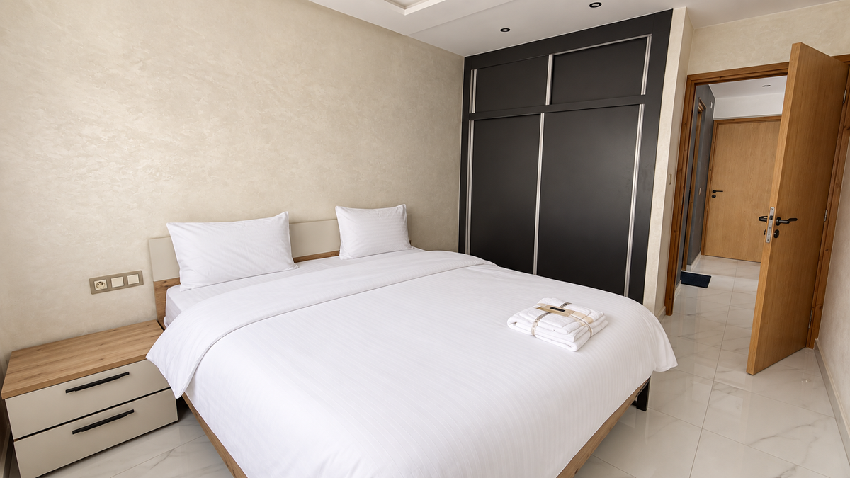 Double bedroom with mirrored wardrobe at the Central Agadir holiday apartment near the beach and souk