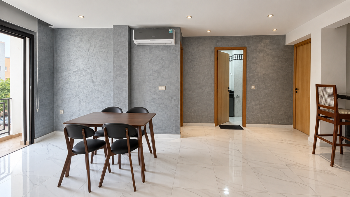 Dining area beside kitchen at the Central Agadir holiday apartment near the beach and souk