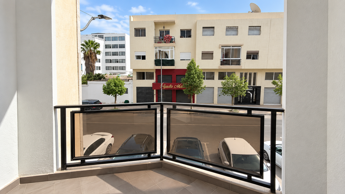 Balcony overlooking residential street at the Central Agadir holiday apartment near the beach and souk