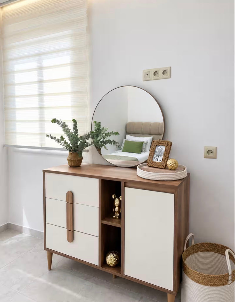 Dressing table and mirror in DHAJIA Tilila, Agadir apartment with clean modern interior details.