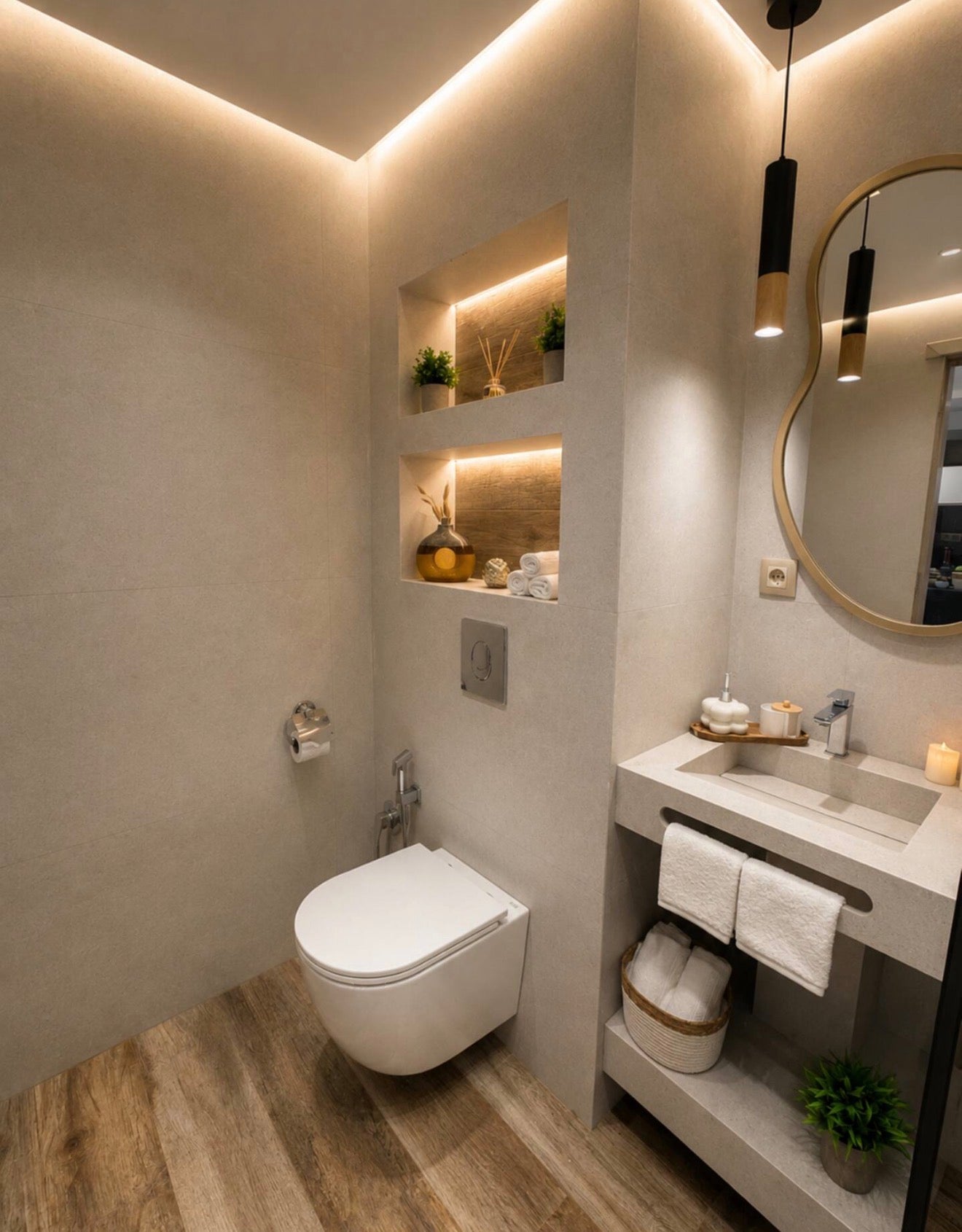 Modern bathroom in DHAJIA Tilila, Agadir apartment with clean tiling, vanity and warm lighting.