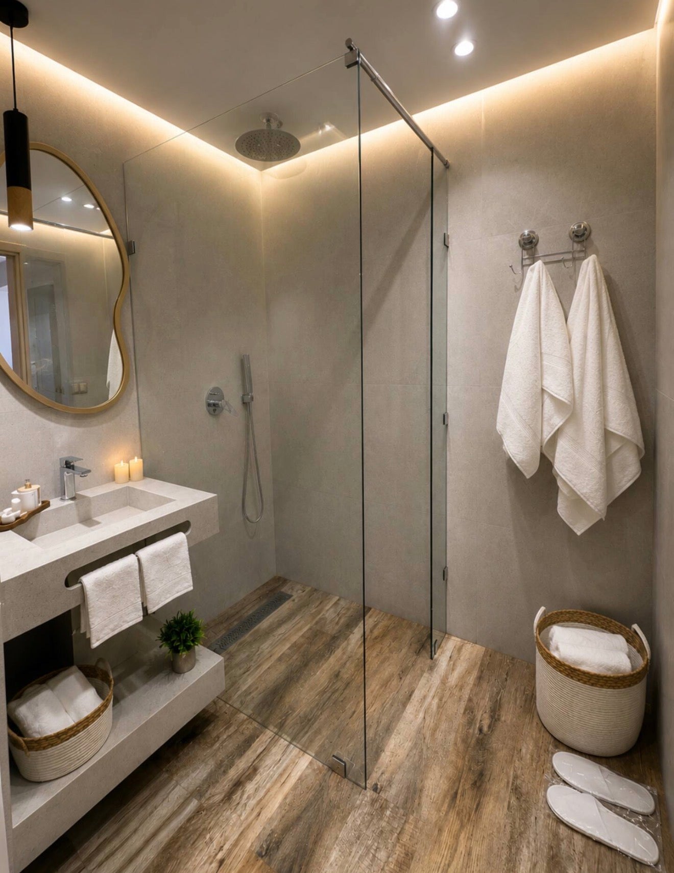 Shower bathroom in DHAJIA Tilila, Agadir apartment with modern fixtures and hotel-style finish.