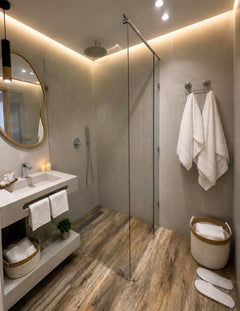 Shower bathroom in DHAJIA Tilila, Agadir apartment with modern fixtures and hotel-style finish.