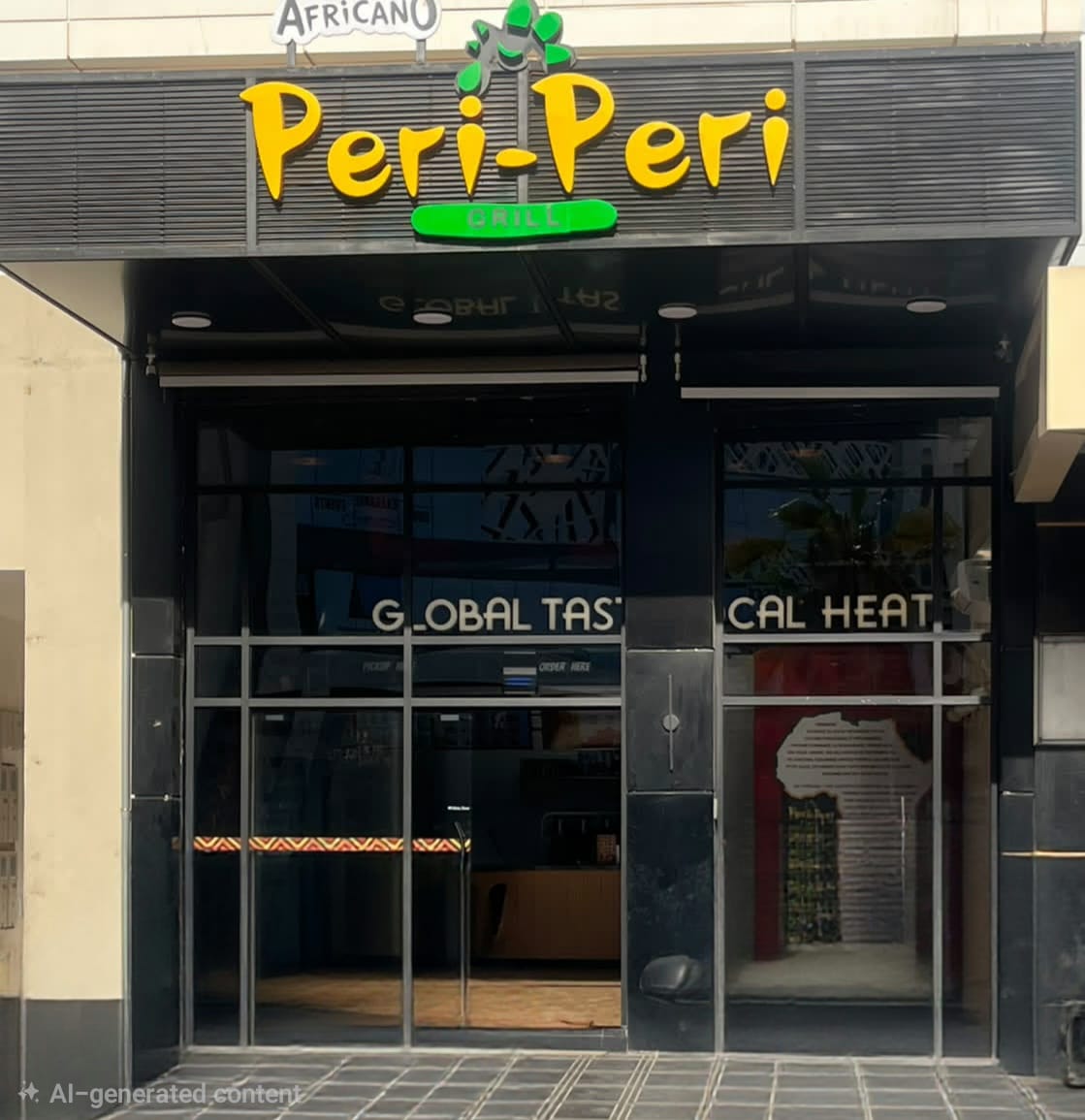 Peri Peri Grill entrance and glazed restaurant frontage in Agadir Bay