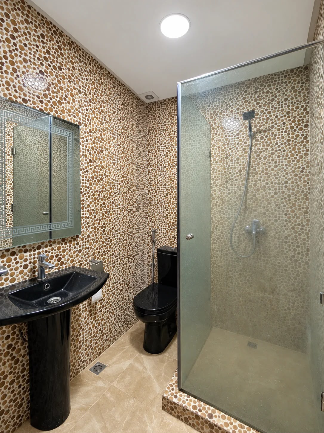Bathroom with glass-screen walk-in shower and basin in the presidential apartment, Agadir