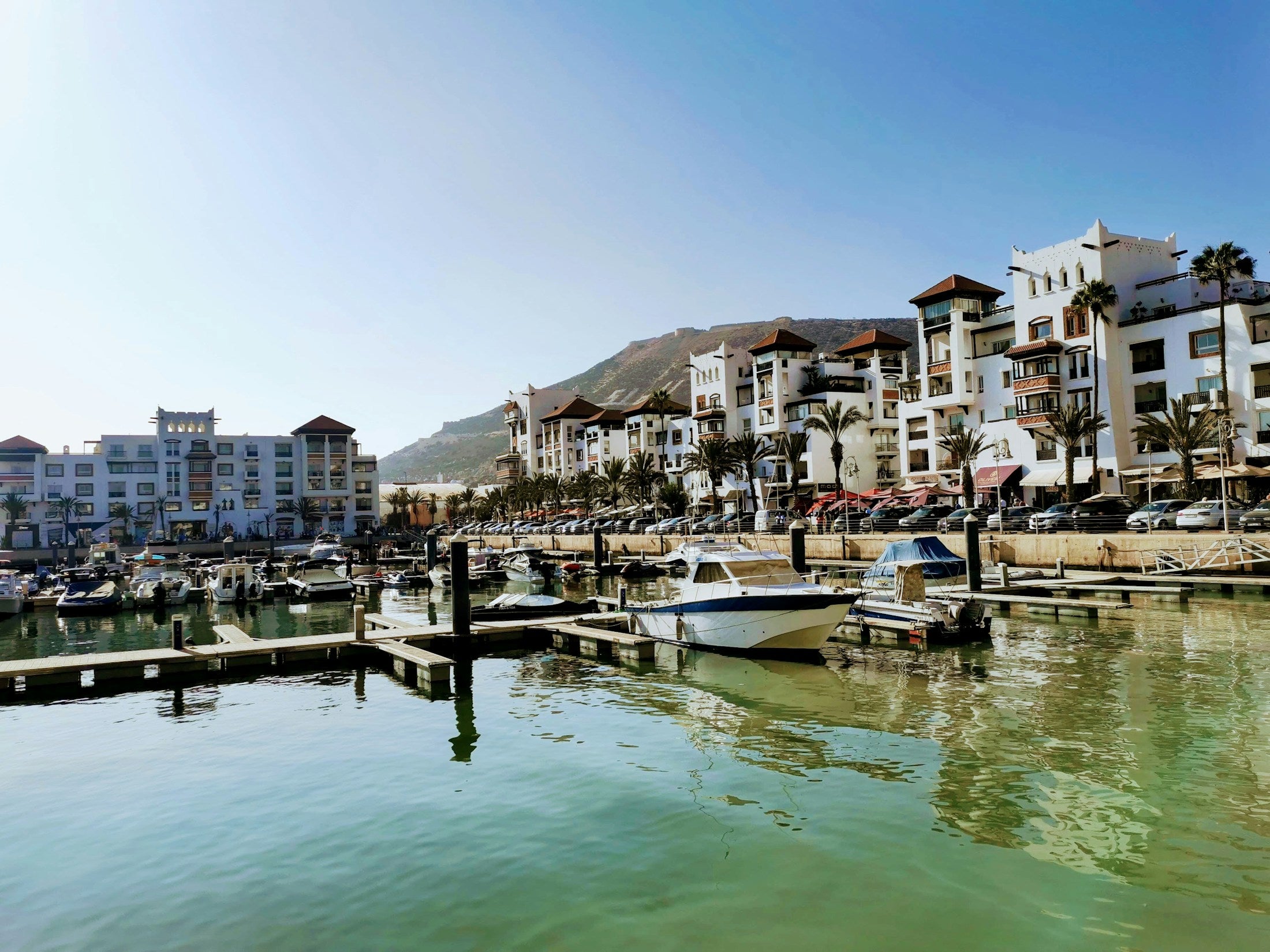 White waterfront apartment buildings at Agadir Marina, Morocco